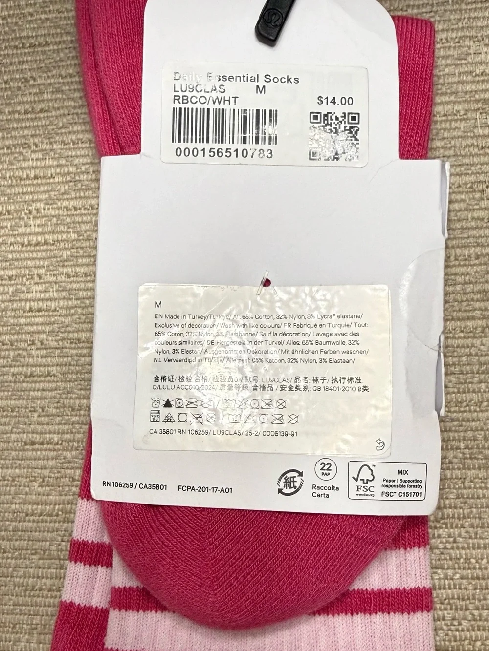 lululemon athletica Crew Socks in Bright Pink with Light Pink Stripes